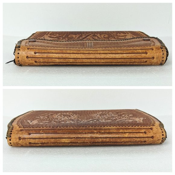 Vintage Mid Century Handtooled Leather Floral Clutch Tan - Picture 5 of 8